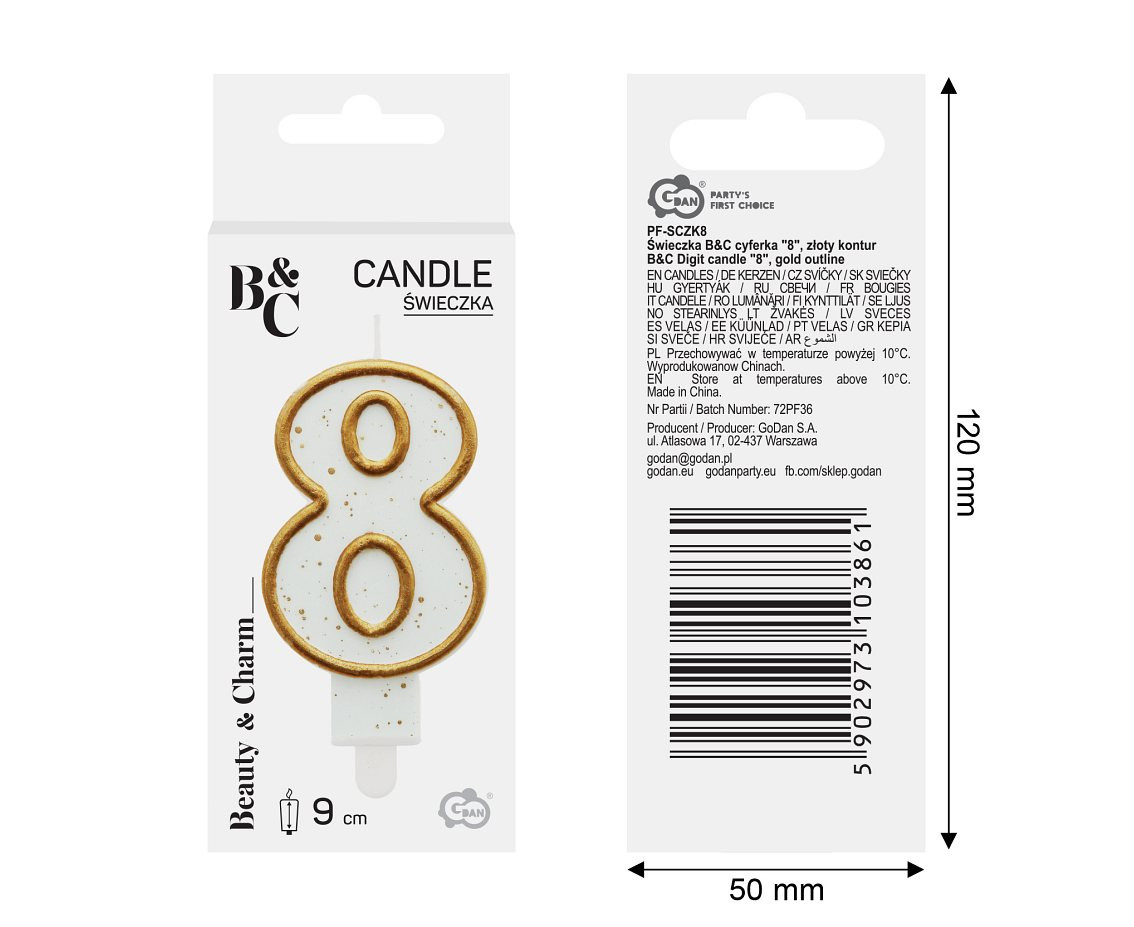 Digit candle "8", gold outline, 8 cm